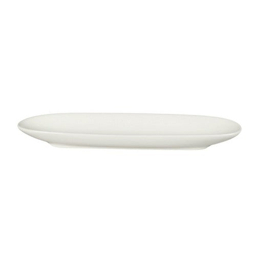 Elegant small porcelain bread boat (35x9.2x3.5cm) for serving artisanal bread, enhancing dining table aesthetics.