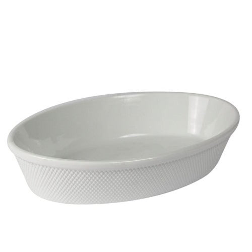 Elegant oval baker with diamond texture, 31.5 x 23 cm, 1.5L porcelain, ideal for baking and serving dishes.