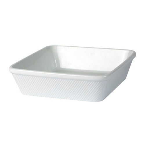 Square baker with horizontal texture, 23cm diameter, 1.5L capacity, perfect for casseroles and baked desserts.