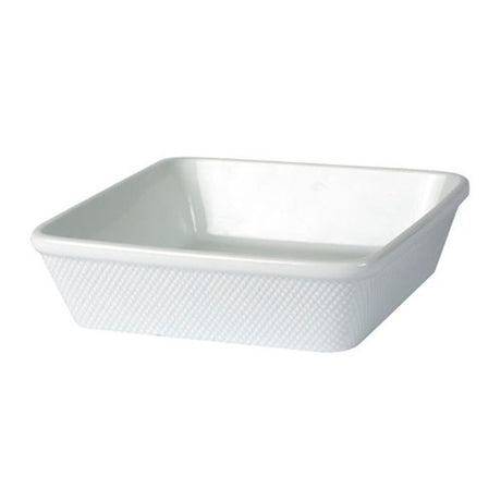 Square baker with horizontal texture, 23cm diameter, 1.5L capacity, perfect for casseroles and baked desserts.