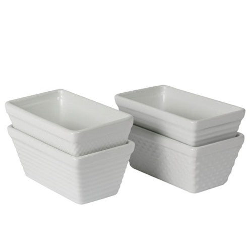 Mini loaf pans set of four, textured stoneware for even baking, perfect for individual breads and desserts.