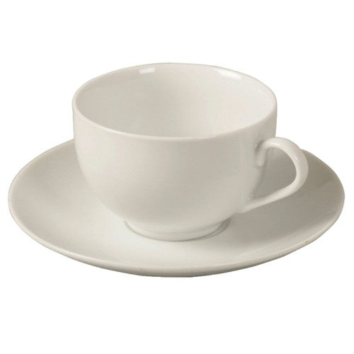 Elegant white porcelain cup and saucer set, 250ml capacity, perfect for tea or coffee, featuring a classic design.