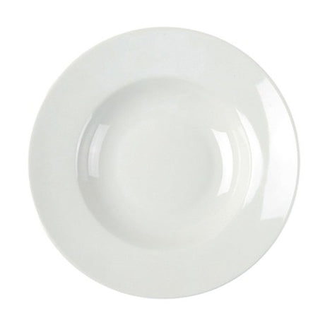 White rimmed 22cm soup/pasta plate, made of durable stoneware, ideal for elegant dining and versatile serving.