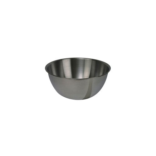 Durable 2-litre Dexam mixing bowl with polished stainless steel finish, all-round pouring lip, and stackable design for efficient storage.