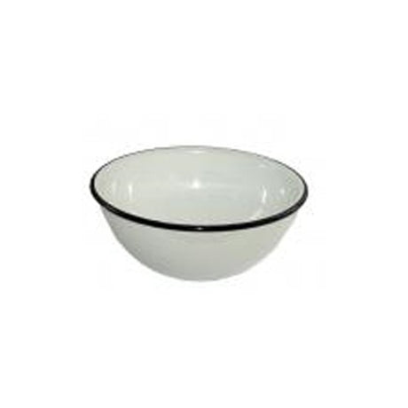 White 14cm Falcon Cereal/Pudding Bowl with blue rim, durable enamelware for versatile serving at any occasion.