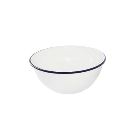 Classic 16cm Falcon cereal/pudding bowl in ice white with blue rim, durable enamelware for versatile dining use.