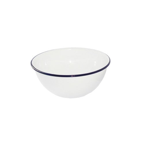 Classic 16cm Falcon cereal/pudding bowl in ice white with blue rim, durable enamelware for versatile dining use.