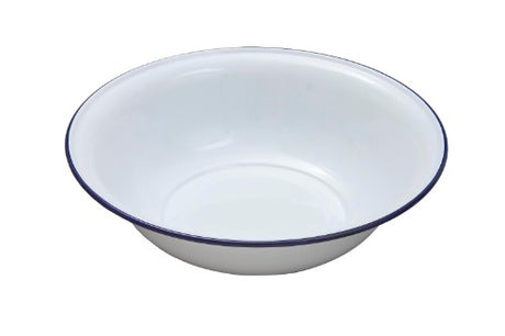 Falcon Wash Basin Enamelware 36cm, ice white with blue rim, durable, versatile for indoor and outdoor use, dishwasher safe.