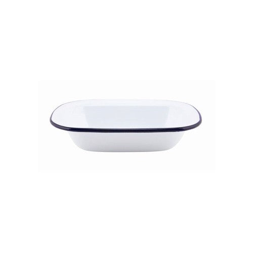 Elegant white Falcon oblong pie dish with blue rim, made of durable enamelware, perfect for baking pies and puddings, 16cm.