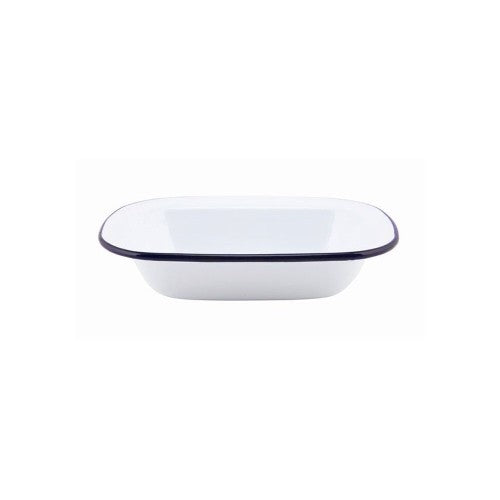 Classic 18cm oblong pie dish in ice white with blue rim, ideal for baking pies and puddings with timeless elegance.