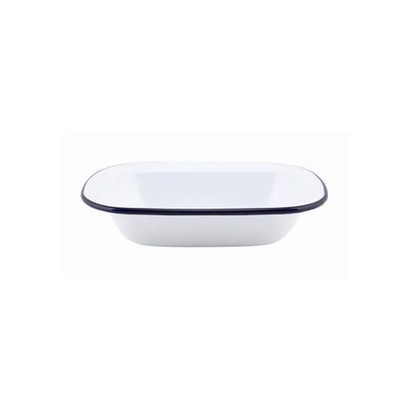 Classic 18cm oblong pie dish in ice white with blue rim, ideal for baking pies and puddings with timeless elegance.