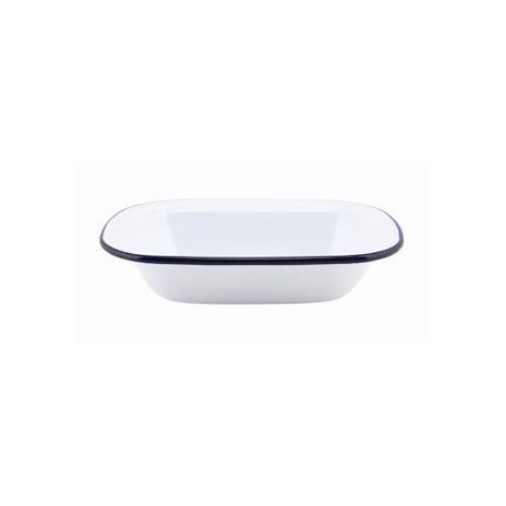 Falcon 32cm white oblong pie dish with blue rim, durable enamelware perfect for baking pies and casseroles.