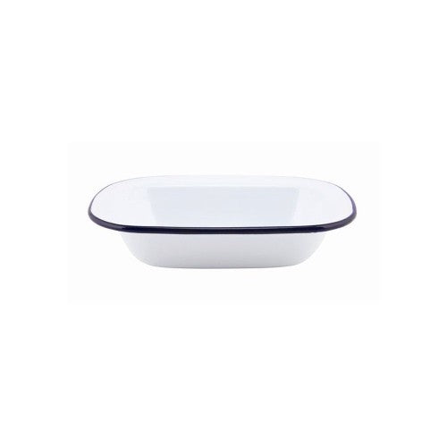 Falcon 32cm white oblong pie dish with blue rim, durable enamelware perfect for baking pies and casseroles.