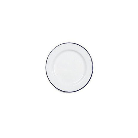 Classic 20cm white enamel dinner plate with blue rim, perfect for dining, camping, and oven use, durable and stylish.