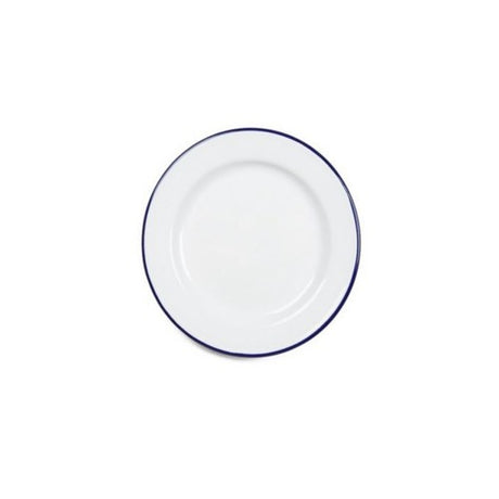 White 24cm Falcon dinner plate with blue rim, durable enamelware, ideal for dining and outdoor use.