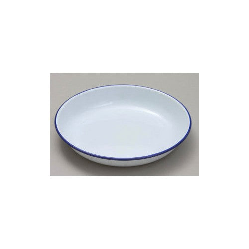 Ice white 20cm Falcon Rice/Pasta Plate with blue rim, durable enamelware ideal for serving hearty meals.