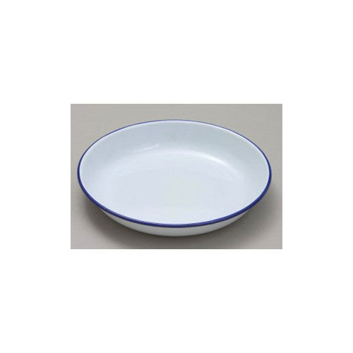 Elegant 22cm Falcon Rice/Pasta Plate in white with blue rim, made from durable enamelware for stylish serving.