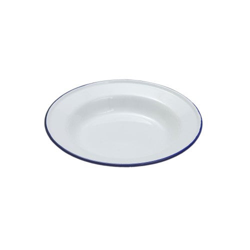 White enamelware soup plate with blue rim, 22cm diameter, perfect for serving soups and stews. Durable and stylish choice.