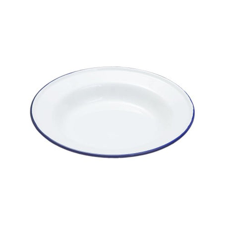 Classic white 24cm soup plate with blue rim, durable enamelware for serving hearty soups and stylish dining experiences.