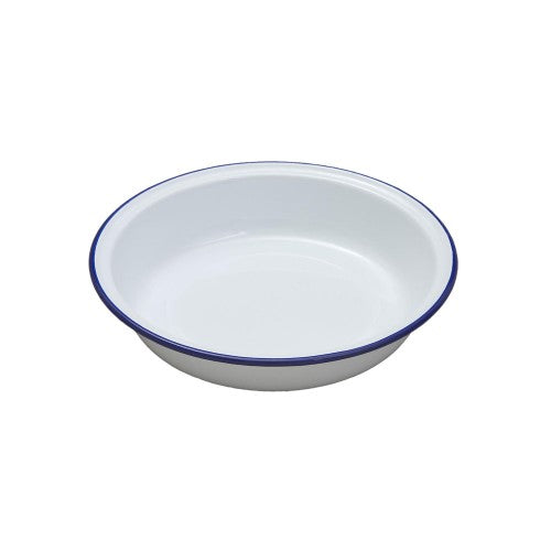 Falcon 16cm round enamel pie dish in white with blue rim, perfect for baking pies, quiches, and tarts. Durable and versatile.