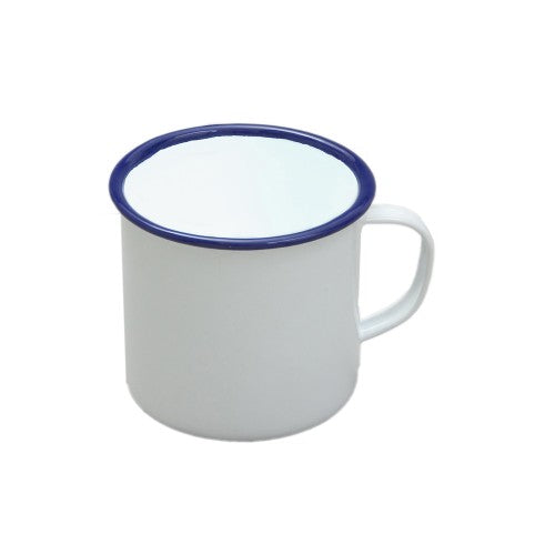 Classic white enamel mug with blue rim, 9cm diameter, 568ml capacity, durable and versatile for any beverage.