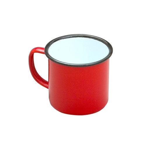 Vibrant red enamel mug with blue rim, 8cm, 284ml, durable and versatile for indoor and outdoor use.