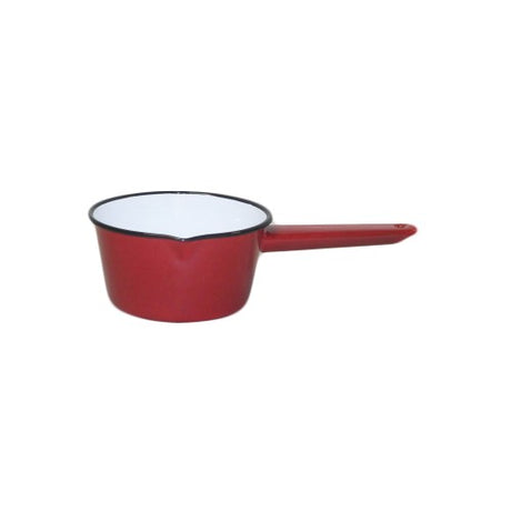 Red 14cm Falcon enamelware milk pan, perfect for warming milk and sauces, showcasing classic elegance and durability.