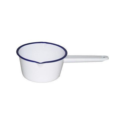 Falcon white enamel milk pan, 14cm wide, iconic blue rim, durable and elegant for warming milk and sauces.