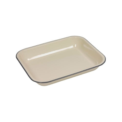 Falcon 29cm cream enamelware bake pan with blue rim, perfect for roasting, baking, and stylish kitchen presentation.