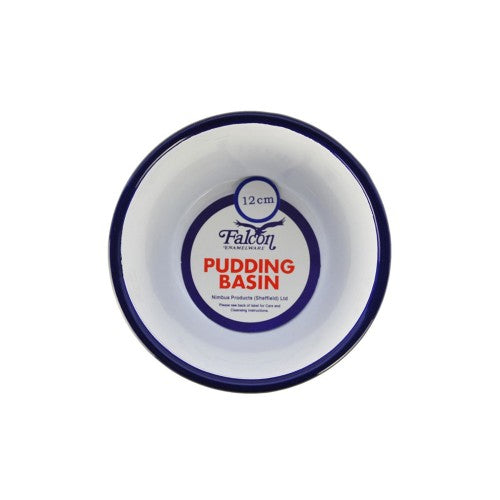 White 12cm enamel pudding basin with a blue rim, perfect for baking and serving traditional desserts.