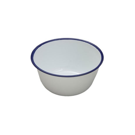 Classic white 16cm pudding basin with blue rim; perfect for baking and serving desserts, made from durable enamelware.