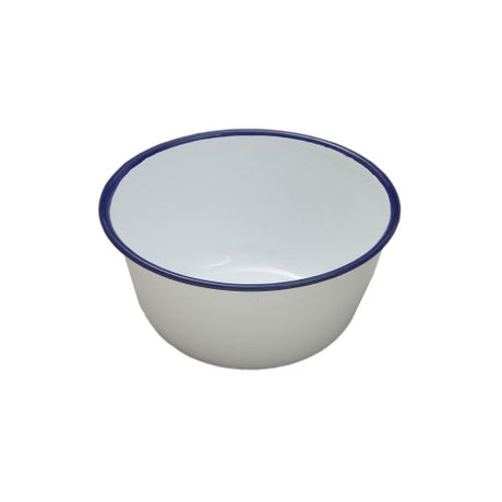 White 18cm Falcon pudding basin with blue rim, perfect for baking and serving traditional British desserts.