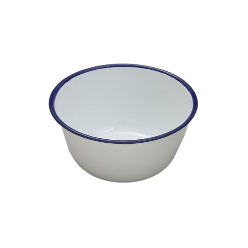 White 18cm Falcon pudding basin with blue rim, perfect for baking and serving traditional British desserts.