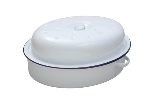 Ice white oval roaster with blue rim, 26cm, designed for even cooking and ideal for oven-to-table serving.