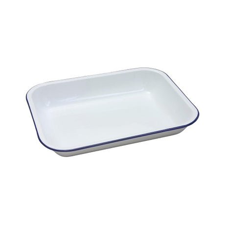 White 28cm Falcon Bake Pan with blue rim, ceramic-coated steel, perfect for baking and roasting, stylish and durable.