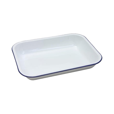 Classic Falcon Bake Pan, 31cm white enamelware with blue rim, perfect for roasting and baking, durable and dishwasher-safe.