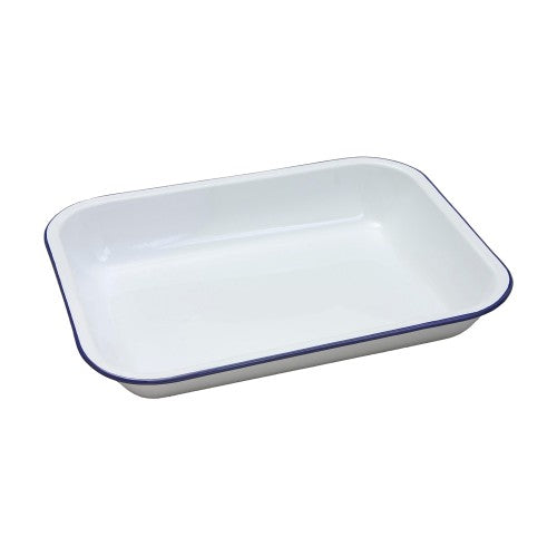 White 37cm Falcon Bake Pan in enamelware with blue rim, ideal for roasting and baking, dishwasher and oven safe up to 270°C.