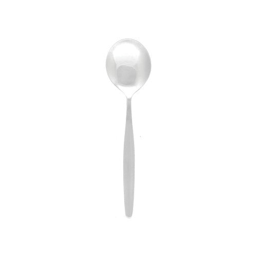 Set of 12 Tablekraft Atlantis Soup Spoons in durable 18/0 stainless steel with a sleek satin finish, ideal for any dining setting.