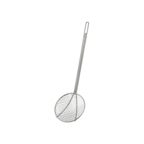 Round 20cm skimmer with coarse mesh, durable handle, ideal for straining liquids and scooping food. Perfect for chefs.