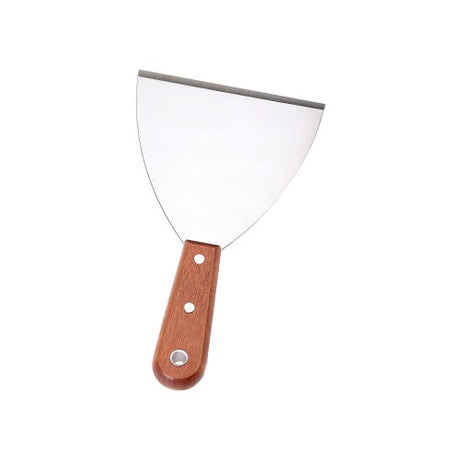 Durable stainless steel grill scraper with wooden handle, 12cm head for effective cleaning and maintenance of grill grates.