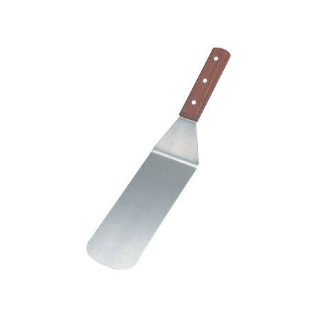 Stainless steel flexible turner with wood handle, ideal for flipping, serving, and sautéing dishes in the kitchen.