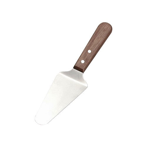 Elegant 110mm cake server with a stainless steel blade and wooden handle, perfect for stylishly serving desserts.