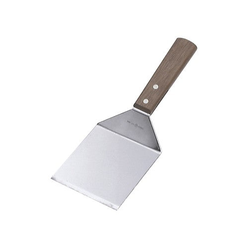 Stainless steel griddle scraper with a wooden handle, measuring 95x105mm, ideal for chefs and cooking enthusiasts.