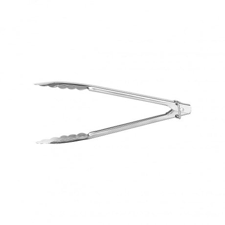 Stainless steel 24cm utility tongs with clip, ideal for flipping, serving, and transferring food in the kitchen.