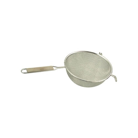 Fine tin mesh strainer with a wood handle, 120mm, perfect for straining, sifting, and enhancing culinary creations.