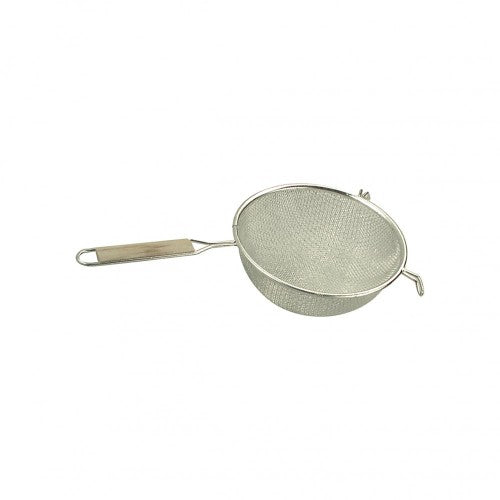 Tin Mesh Double Strainer 160mm with ergonomic wood handle, ideal for straining pasta and rinsing fruits and vegetables.