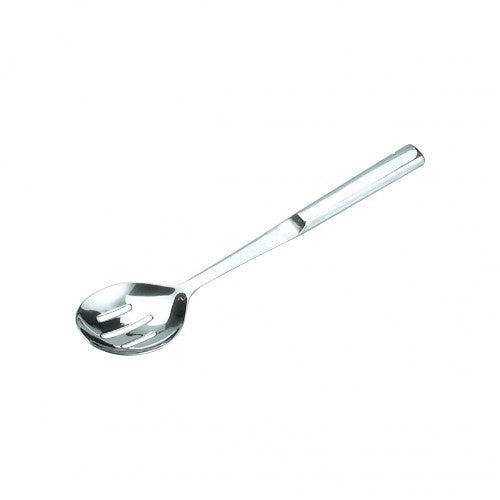 Stainless steel slotted salad spoon, 29cm long, with a hollow handle for easy serving and elegant presentation.