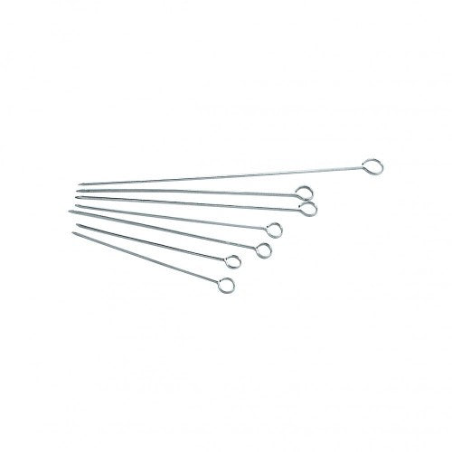 Stainless steel 30cm flat skewers, 3mm wide, designed for even grilling of meats and veggies without spinning.