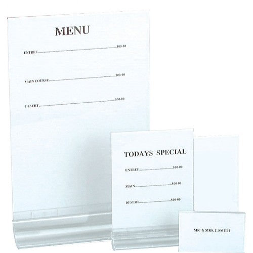 Clear acrylic menu holder 9x6cm, ideal for displaying menus and promotions stylishly and clearly at dining settings.