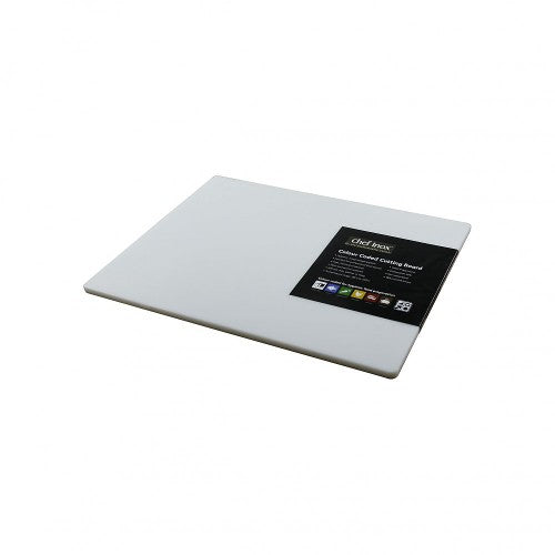 Durable white polypropylene cutting board, 380x510x12mm, ideal for hygienic food prep and easy cleaning.